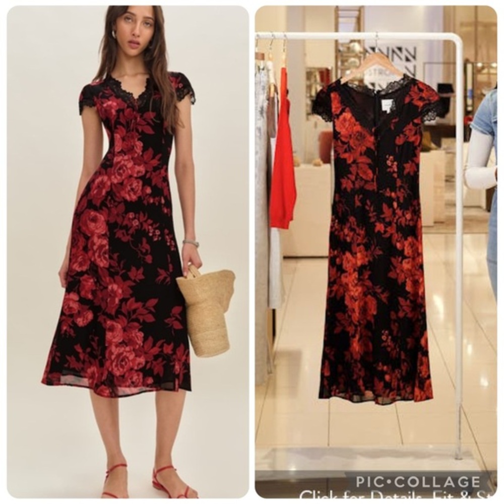 NWT Reformation Tiffie Lace Trim Bow V-neck Midi Dress in Basilica Floral Size 0